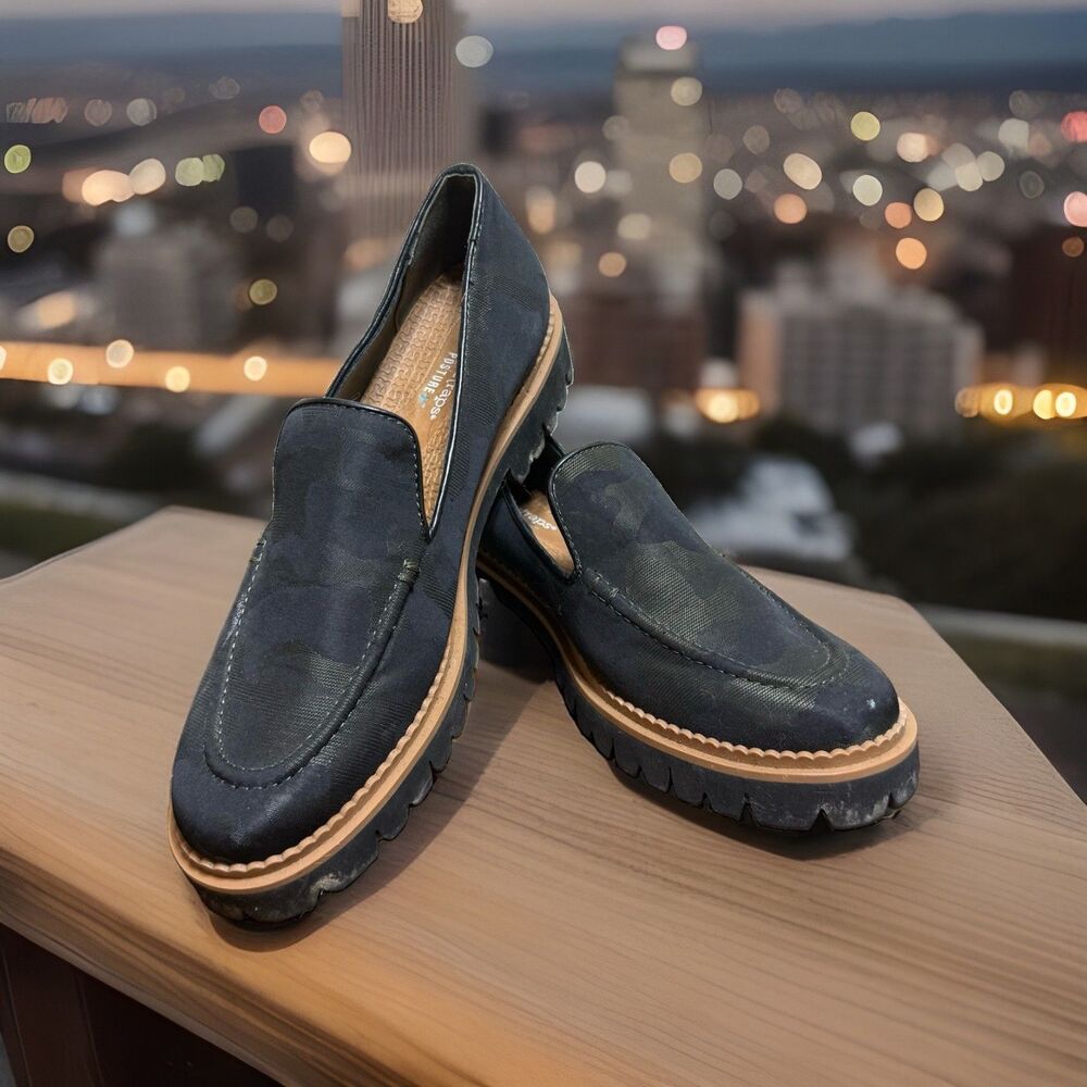 Baretraps Prestin Women SlipOn Loafer 7M Black Camo Chunky Lug Sole Grunge Y2K